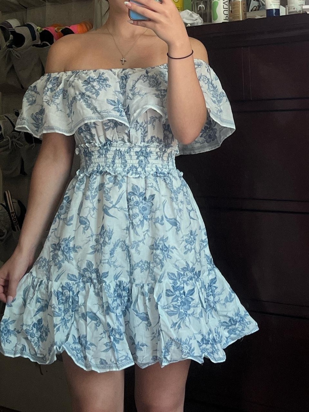 Max Studio White and Light Blue Floral Off-Shoulder Dress